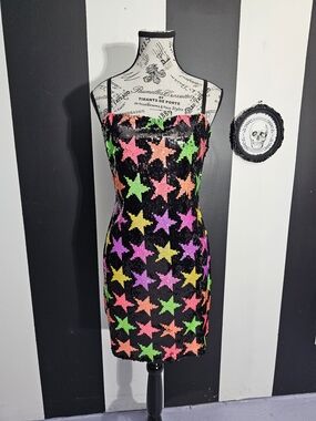 Banjul Black Sequin Mini Dress with Neon Star Print